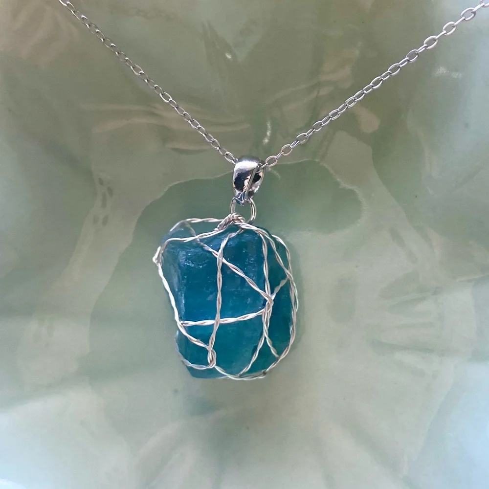 Raw Blue Fluorite silver Wire Wrapped pendant P22